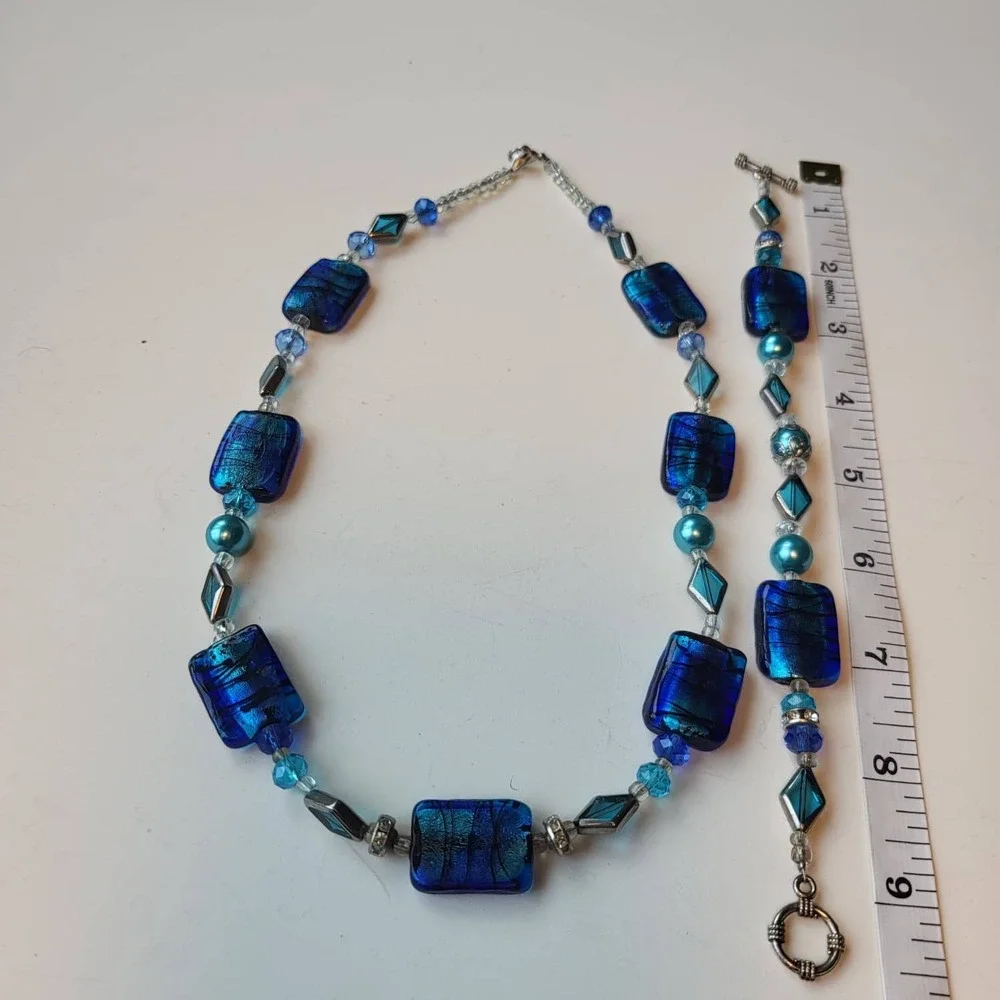 Vintage Glass Foil Bead Necklace Bracelet Set Blue Silver Tone Rectangle Beaded
